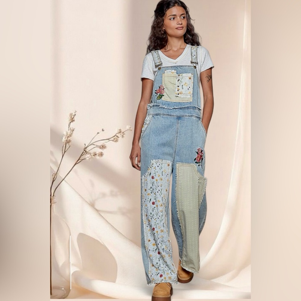POL Floral Patchwork Denim Overalls Embroidered Bohemian Jean Jumpsuit - Picture 9 of 9